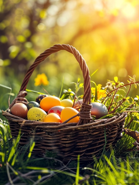 Uova di Pasqua in un cesto sull'erba verde