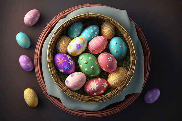 Uova di Pasqua in un colpo di panoramica del cestino, uova di Pasqua felici variopinte