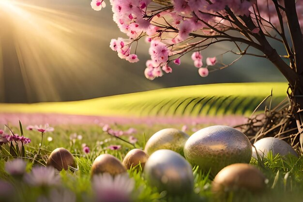 uova di Pasqua in un giardino con un albero sullo sfondo