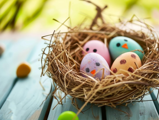 Uova di Pasqua in un nido colorato su un tavolo di legno rustico perfetto per le celebrazioni di Pasqua o primavera