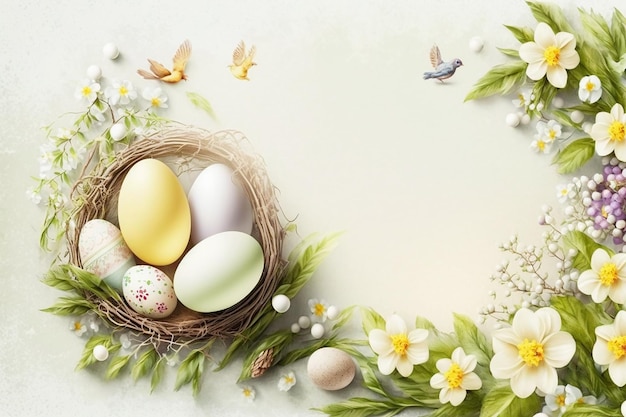 Uova di Pasqua in un nido con fiori e uccelli su sfondo chiaro. Carta da parati di Pasqua. IA generativa