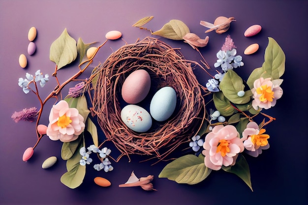 Uova di Pasqua in un nido con fiori IA generativa IA generativa