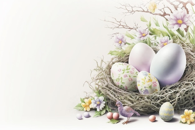 Uova di Pasqua in un nido con fiori intorno su sfondo bianco. Carta da parati di Pasqua. IA generativa