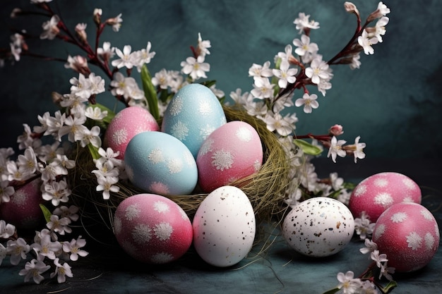 Uova di Pasqua in un nido con fiori primaverili su sfondo blu Buona Pasqua Sfondo di Pasqua di congratulazioni Uova di Pasqua e fiori Generato dall'intelligenza artificiale