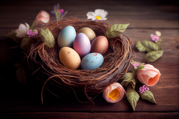 Uova di Pasqua in un nido con fiori su un tavolo di legno