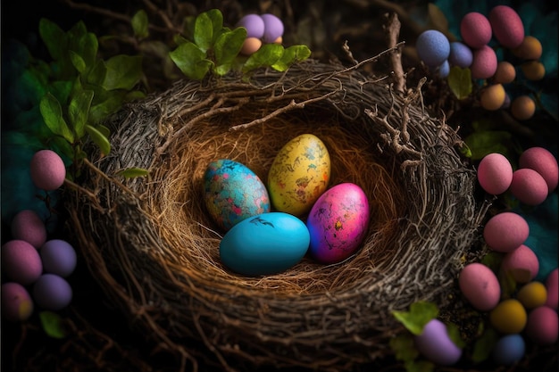 Uova di Pasqua in un nido naturale con uova di uccelli su sfondo nero Vista dall'alto e illustrazione orizzontale IA generativa