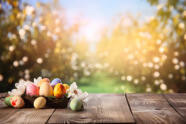 Uova di Pasqua in un nido su un tavolo di legno con un albero sullo sfondo.