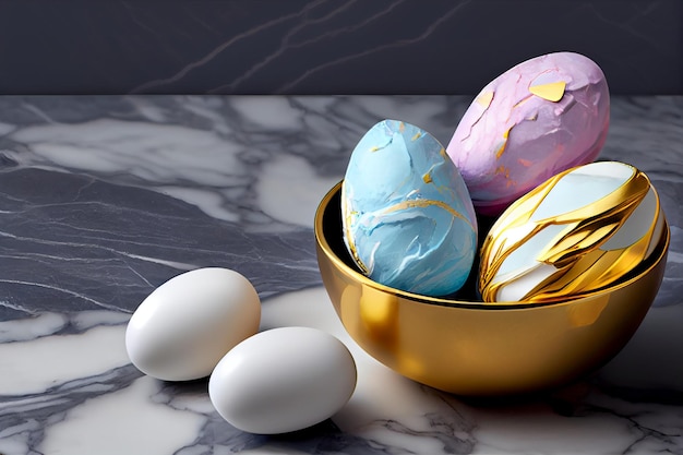 Uova di Pasqua in una ciotola con vernice dorata sul davanti