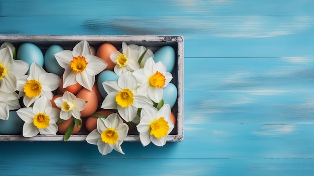 uova di Pasqua in una scatola su sfondo blu