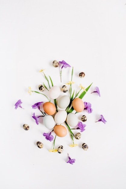 Uova di Pasqua marroni e bianche, uova di quaglia, fiori gialli e viola su superficie bianca