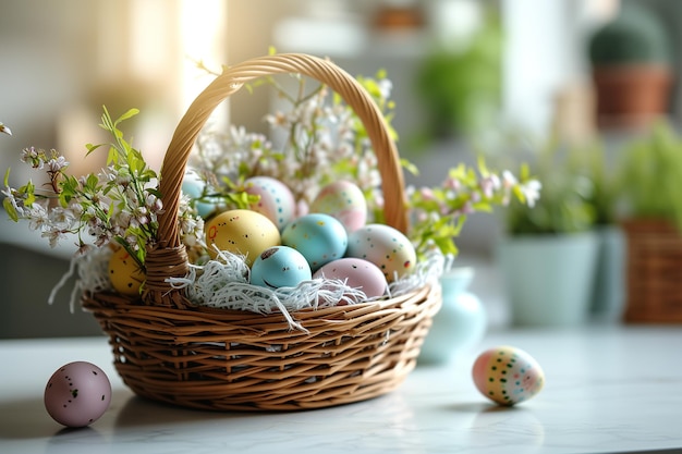 uova di Pasqua multicolori in un cesto di vimini su un tavolo con un ramoscello di salice umore di Pasqua