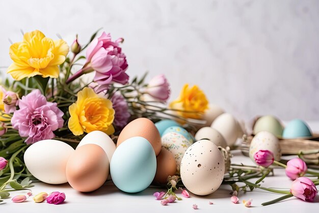 Uova di Pasqua multicolori sul tavolo con fiori primaverili Stendardo di Pasqua con uno spazio per il testo sfondo di Pasqua rustico generato dall'IA