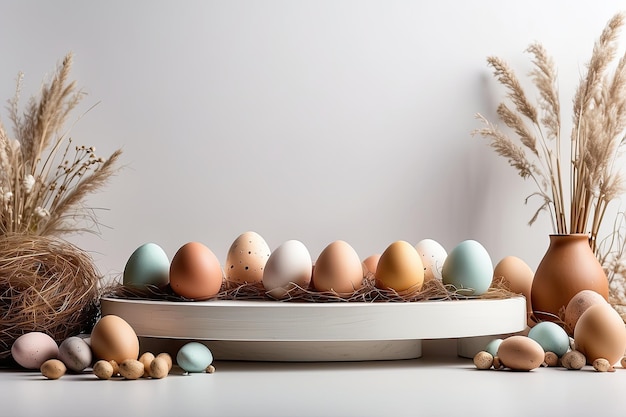 Uova di Pasqua naturali sul podio con fiori primaverili Stendardo di Pasqua con uno spazio per il testo sfondo di Pasqua rustico generato dall'AI