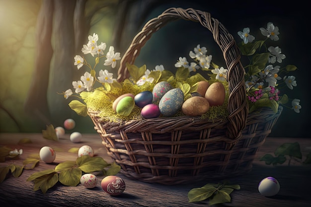 Uova di Pasqua nel cestello sul tavolo di legno invecchiato nel giardino primaverile illustrazione ai generativa