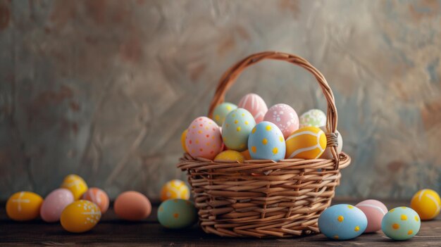 Uova di Pasqua nel cesto tessuto isolato su uno sfondo neutro Copia spazio