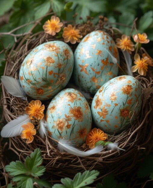 Uova di Pasqua nel nido con i fiori