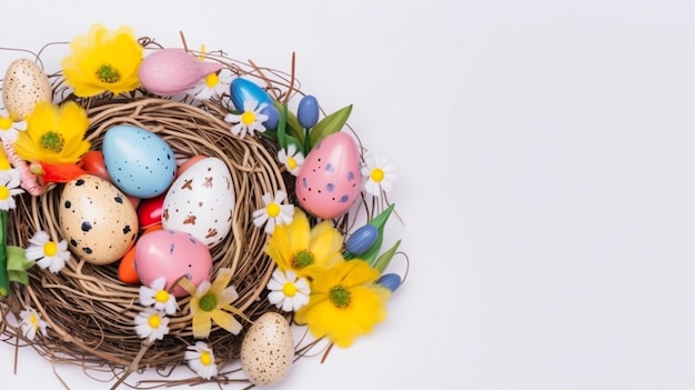 Uova di Pasqua nel nido dell'uccello e fiori su sfondo bianco Concetto di felice giorno di Pasqua