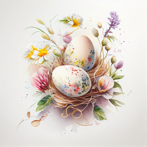 Uova di Pasqua nel nido e fiori selvatici primaverili in fiore su un disegno ad acquerello su sfondo bianco