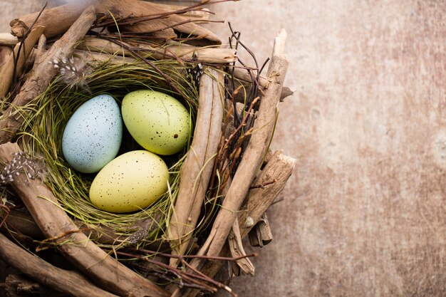 Uova di Pasqua nel nido su fondo di legno rustico