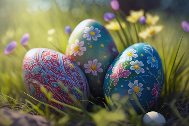 Uova di Pasqua nell'erba con fiori sul fondo