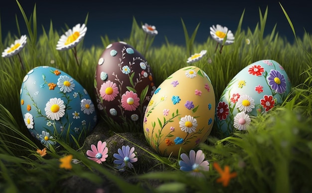 Uova di Pasqua nell'erba con fiori sul fondo