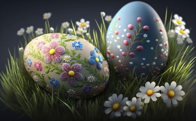 Uova di Pasqua nell'erba con fiori sul fondo