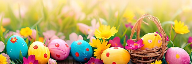 uova di Pasqua nell'erba con i fiori