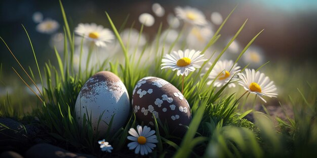 Uova di Pasqua nell'erba con le margherite