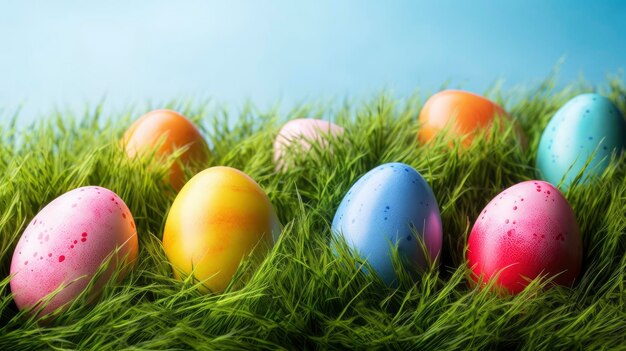 Uova di Pasqua nell'erba con sfondo blu