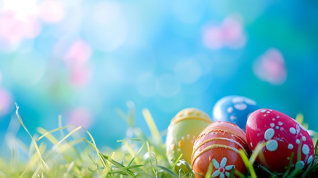Uova di Pasqua nell'erba contro uno sfondo blu in fiore Concept delle vacanze di primavera