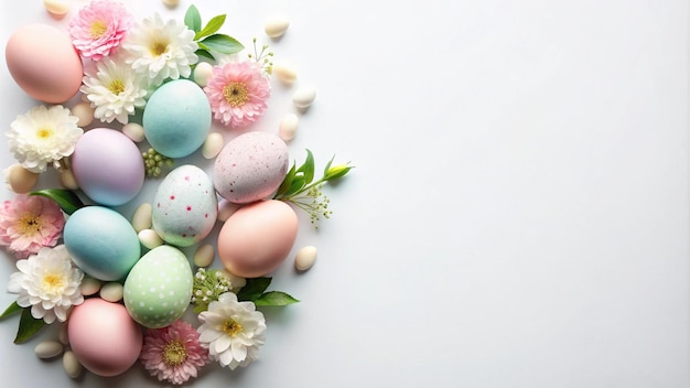 Uova di Pasqua pastello e fiori su sfondo bianco
