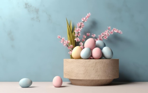 Uova di Pasqua pastello su sfondo rosa vista dall'alto stile flat lay AI generativa