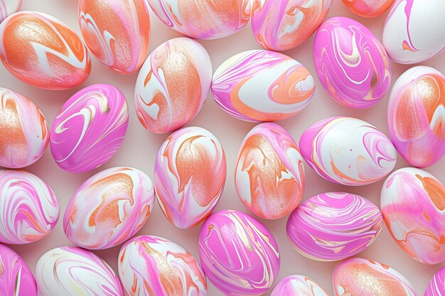 Uova di Pasqua piatte disposte in fuzz di pesche decorate con colori pastello pesche e oro su un fuzz di pesca pastello