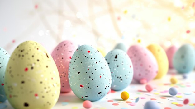 Uova di Pasqua piatte disposte su uno sfondo bianco decorate colorato giallo pastello pesco e colori rosa