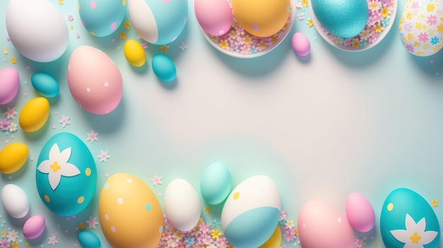 Uova di Pasqua su sfondo blu con coriandoli bianchi e rosa