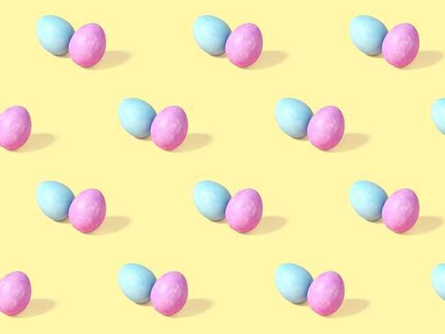Uova di Pasqua su sfondo giallo pastello Concetto di tempo di Pasqua rendering 3d