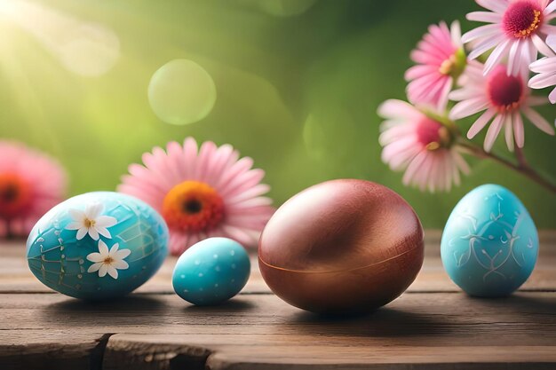 uova di Pasqua su un tavolo di legno con fiori e uno sfondo verde.