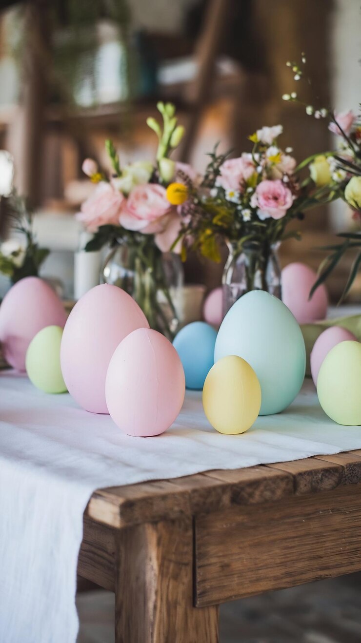 Foto uova di pasqua su un tavolo di legno con fiori