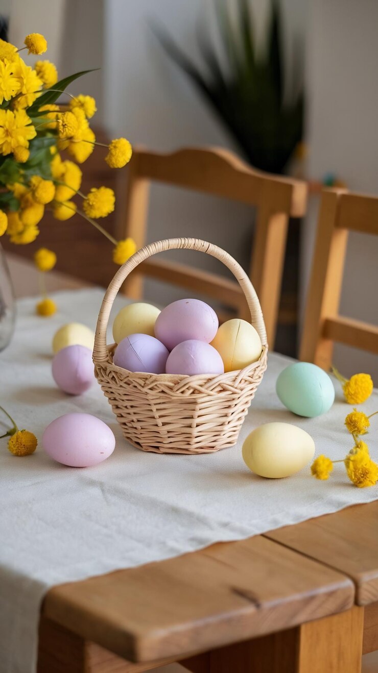 Foto uova di pasqua su un tavolo di legno con fiori