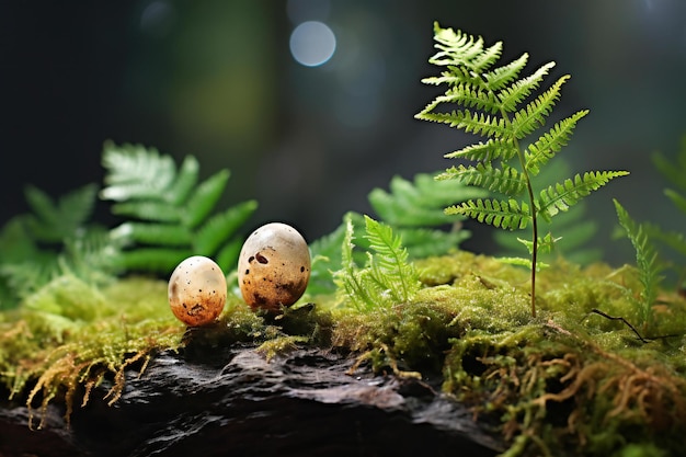 Uova di Pasqua su un tronco d'albero di muschio con felci