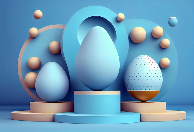 Uova di Pasqua su una piattaforma 3D per la visualizzazione del prodotto sullo sfondo della scena blu Generativo ai
