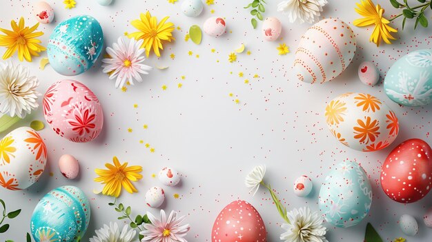 uova di Pasqua su uno sfondo bianco con fiori e uno sfondo Bianco