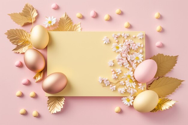 Uova di Pasqua su uno sfondo rosa con foglie d'oro e una carta d'oro