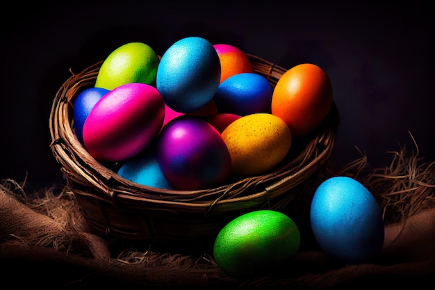 Uova di Pasqua tinte dipinte colorate in cesto IA generativa