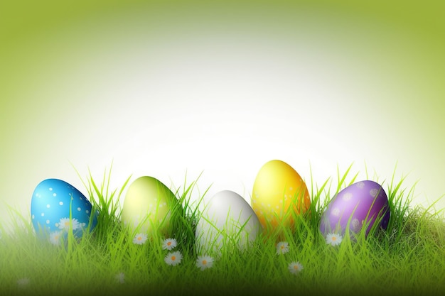 Uova di pasqua variopinte in erba su uno spazio soleggiato della copia di giorno di primavera