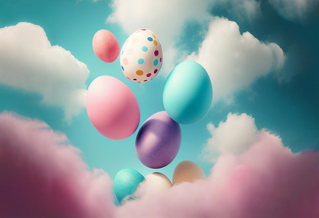 Uova di Pasqua volanti e nuvole Cartolina d'auguri design Pasqua Felice giorno di Pasqua Bellissimi colori pastello blu e rosa IA generativa