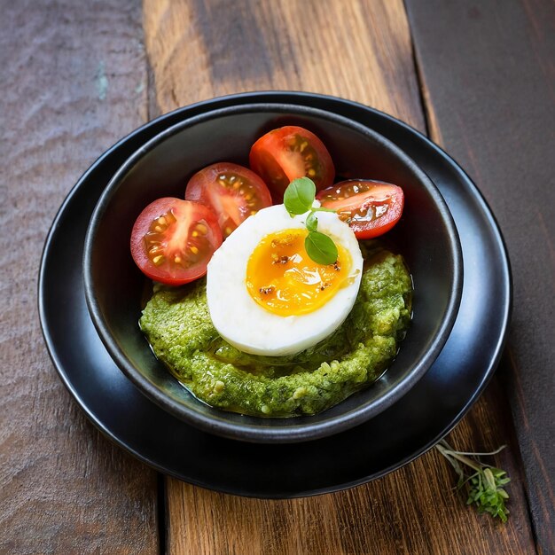 uova di pesto accanto a pomodori maturi in un piatto su una ciotola nera