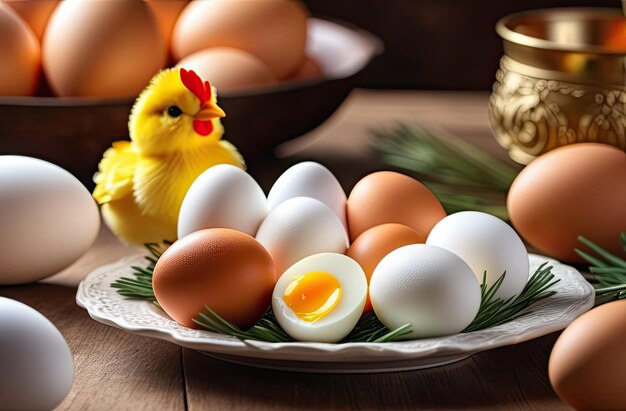 Uova di pollo bollite in tavola su un piatto uova bollite con tuorlo liquido colazione popolare colazione di Pasqua e decorazione rustica generata dall'IA