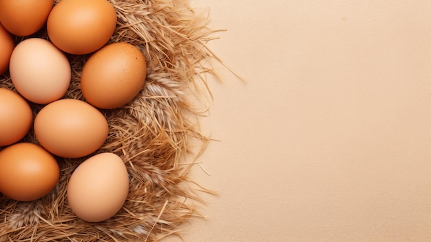 Uova di pollo marroni crude sul nido di fieno e AI generativo di sfondo vuoto