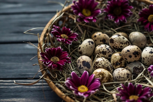 Uova di quaglia e fiori in un cestino